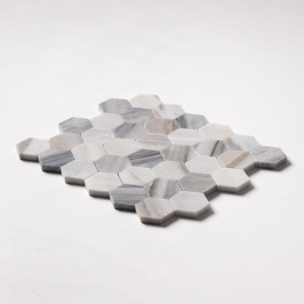 Silver Sky Honed Hexagon 2 Marble Mosaics 10 3/8x12 Marble Honed 12x12 Mosaics — 2