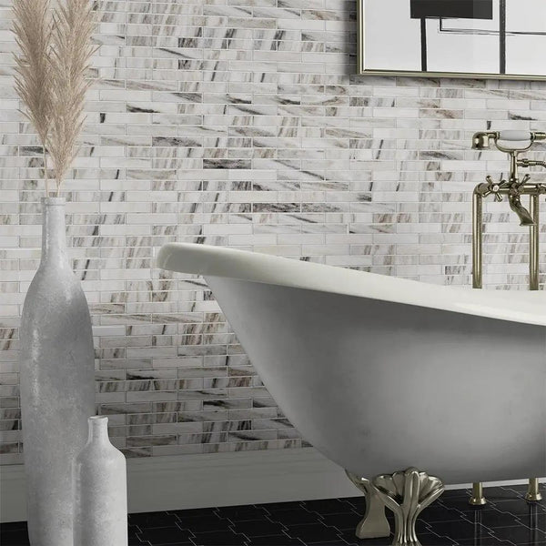 Silver Sky Polished 1 1/4x6 Marble Mosaics 12x12 room scene