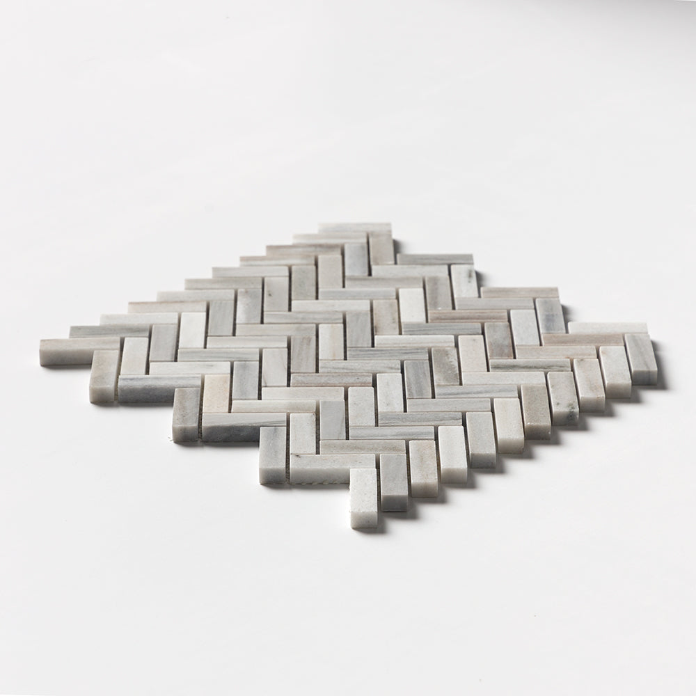 Silver Sky Polished Herringbone 5/8x2 Marble Mosaics 12 1/8x13 3/8 Marble Polished 12x12 Mosaics — 2
