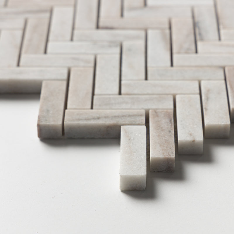 Silver Sky Polished Herringbone 5/8x2 Marble Mosaics 12 1/8x13 3/8 Marble Polished 12x12 Mosaics — 4