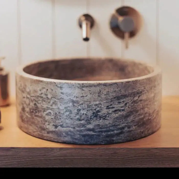 Silver Travertine Vessel Sink - Polished Natural Stone 16 x 5 by GobekDesign