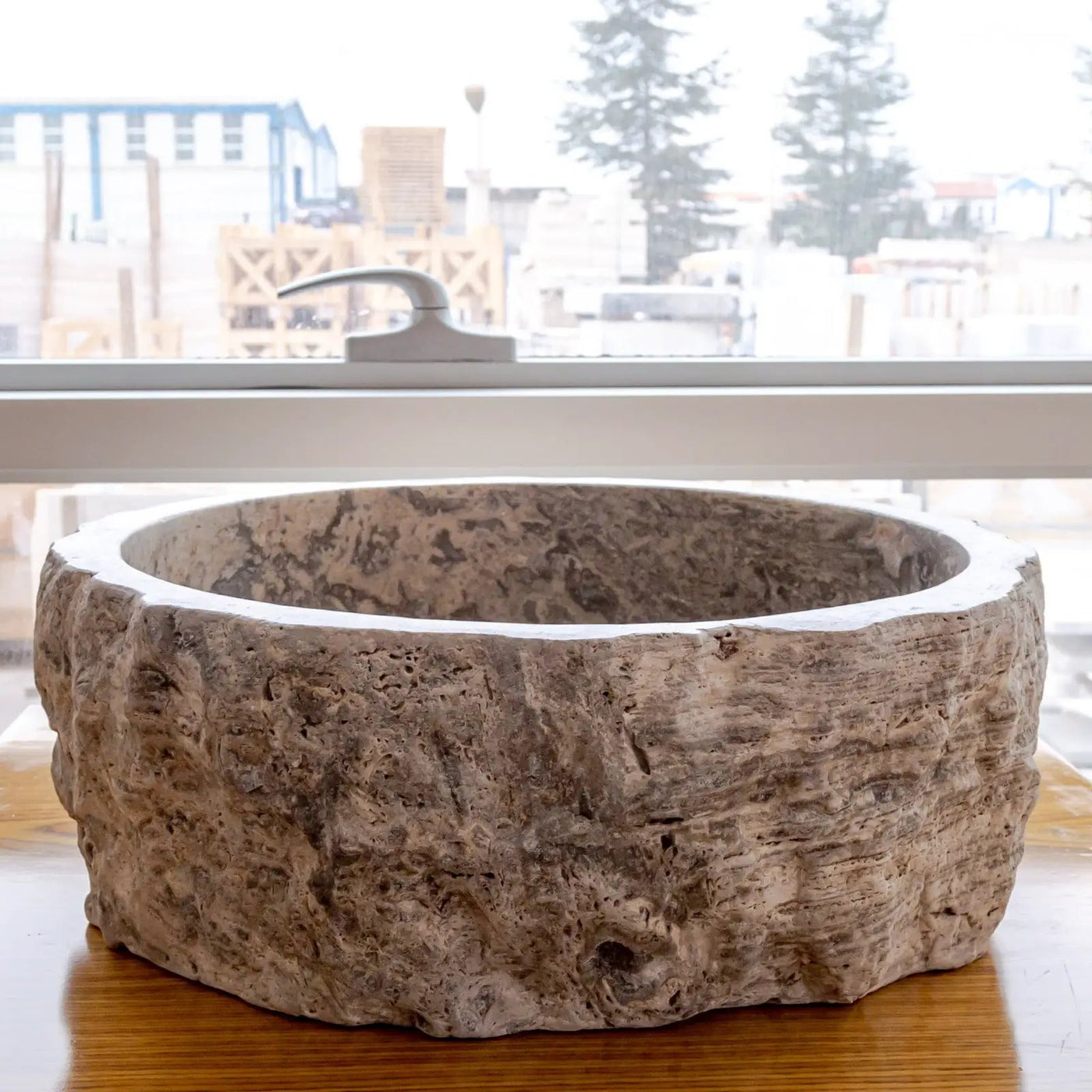 Silver Travertine Rustic Stone Hand Chiseled Honed Interior Vessel Sink 16 x 6 by GobekDesign
