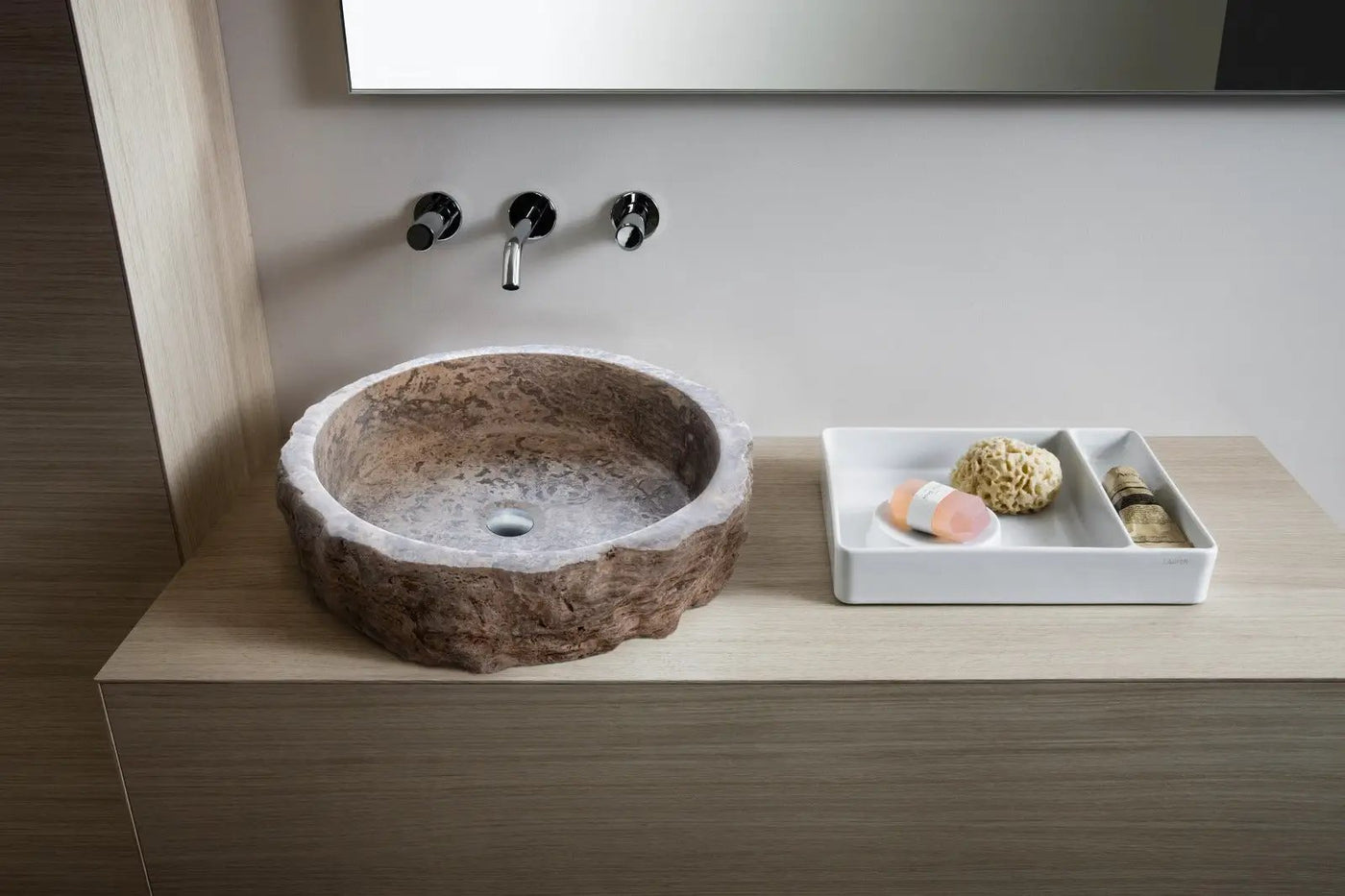 Silver Travertine Rustic Stone Hand Chiseled Honed Interior Vessel Sink 16 x 6 by GobekDesign