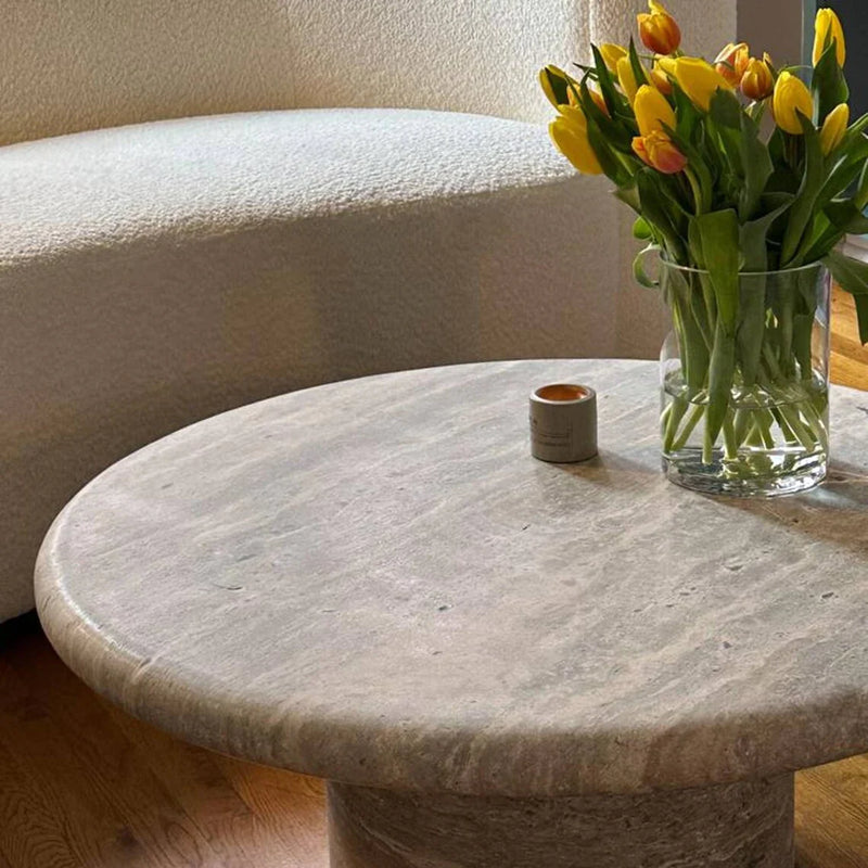 Silver Travertine Vein-cut Round Honed 2" Tabletop Coffee Table (D)36" (H)16" by GobekDesign