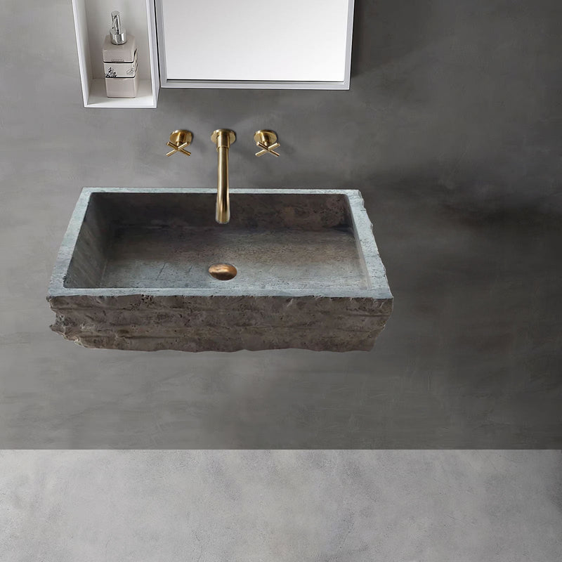 Silver Travertine Wall-mount Bathroom Sink Split-face Outside (W)16" (W)20" (H)5" by GobekDesign
