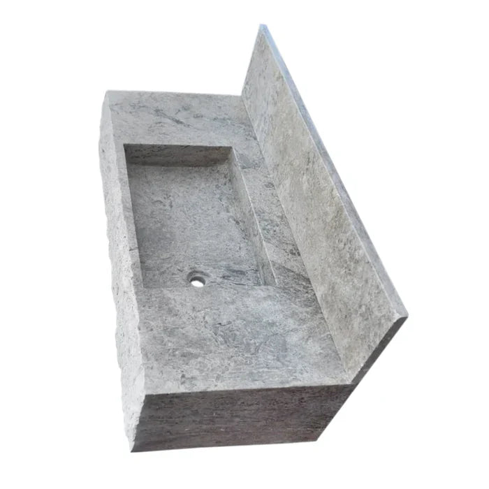 Silver Travertine Rustic Rectangular Wall-mount Bathroom Sink with 8" Backsplash by GobekDesign