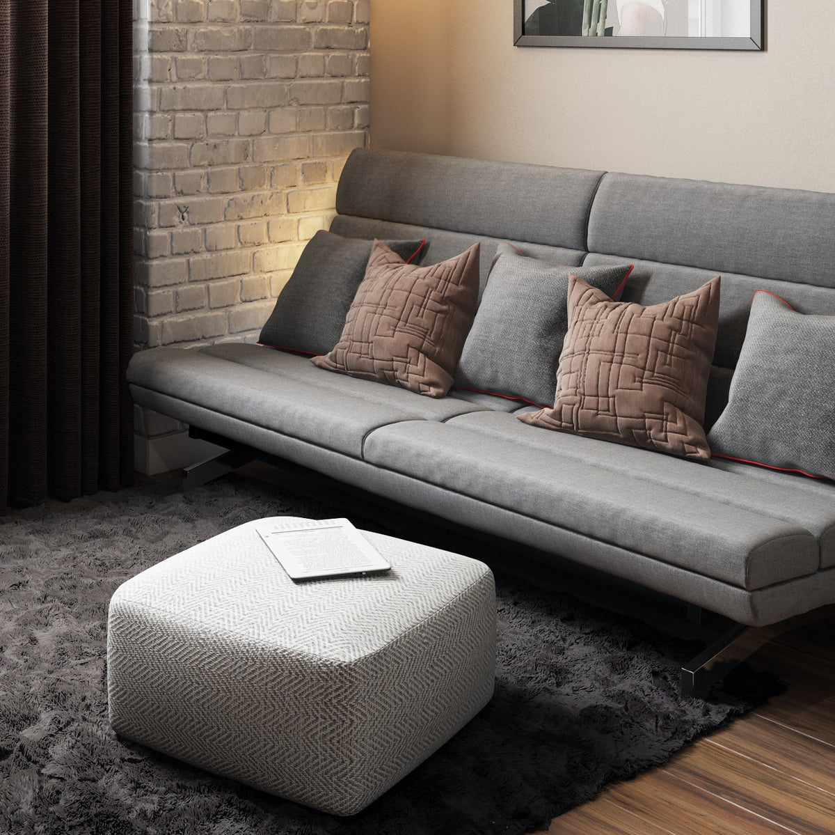 Patterned Grey Melange Square Accent Pouf with Polystyrene Fill - Grey, photo 6 of 6