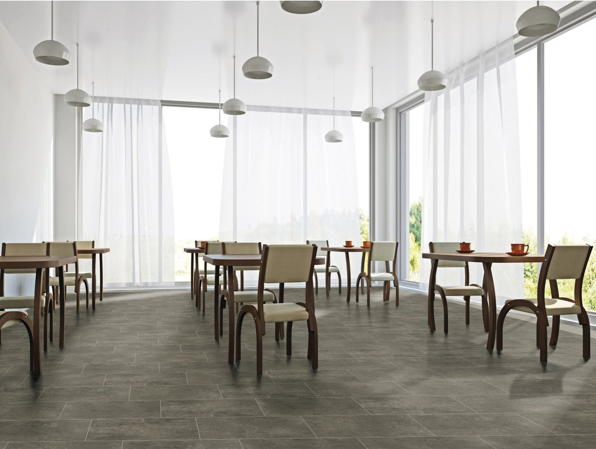 Simply Modern Coffee Honed Concrete Look Porcelain Tiles 12x12 installed in a cafe