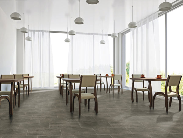 Simply Modern Coffee Honed Concrete Look Porcelain Tiles 12x12 installed in a cafe