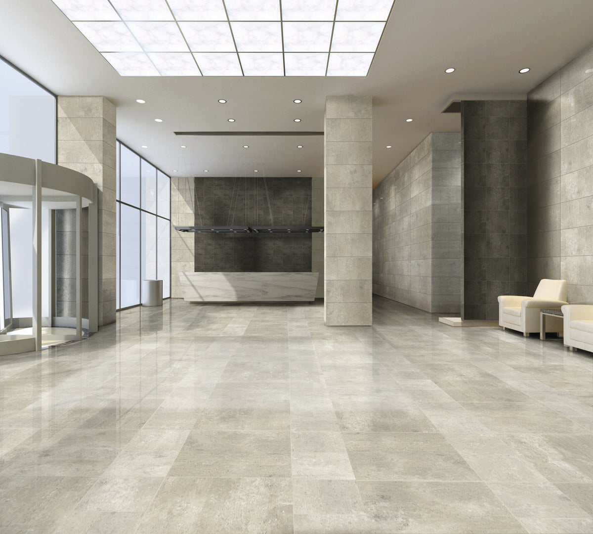 Simply Modern Creme Honed Concrete Look Porcelain Tiles 12x12 installed in a room
