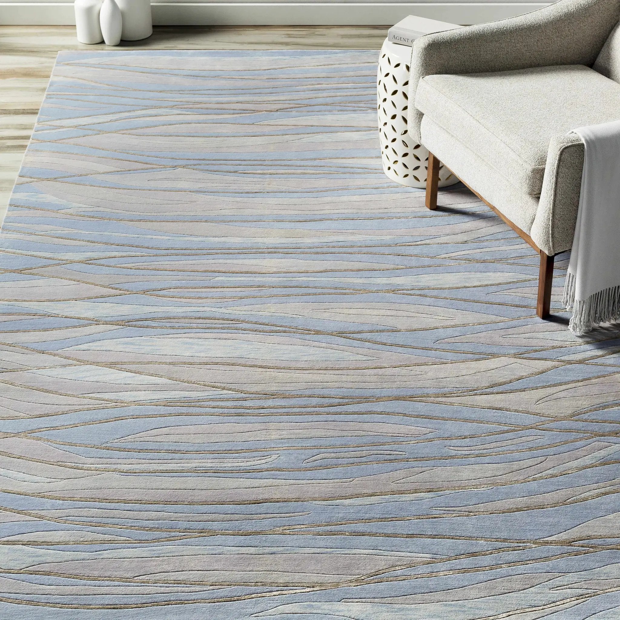 Sinai Light Blue Lined Wool/Viscose Rug - Clearance by Boutique Rugs