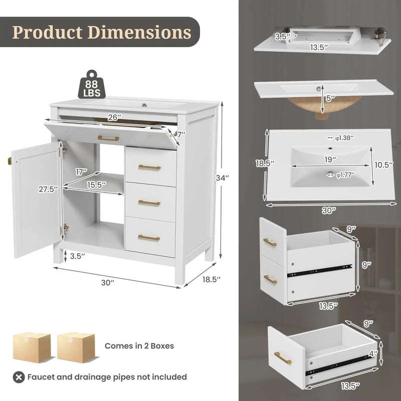 Single Bathroom Vanity with 2 Drawers and 1 Door-White by DirectDeals