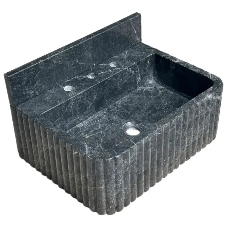 Black Marble Wall Mount Bathroom Sink Ribbed Design With 4 Inch Stone Backsplash by GobekDesign