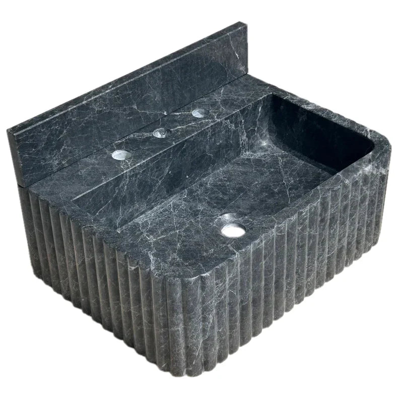 Sirius Black Marble Wall-mount Bathroom Sink Ribbed with 4" Backsplash by GobekDesign