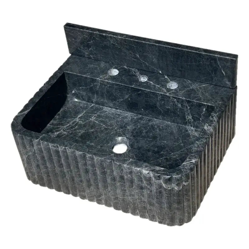 Black Marble Wall Mount Bathroom Sink Ribbed Design With 4 Inch Stone Backsplash by GobekDesign