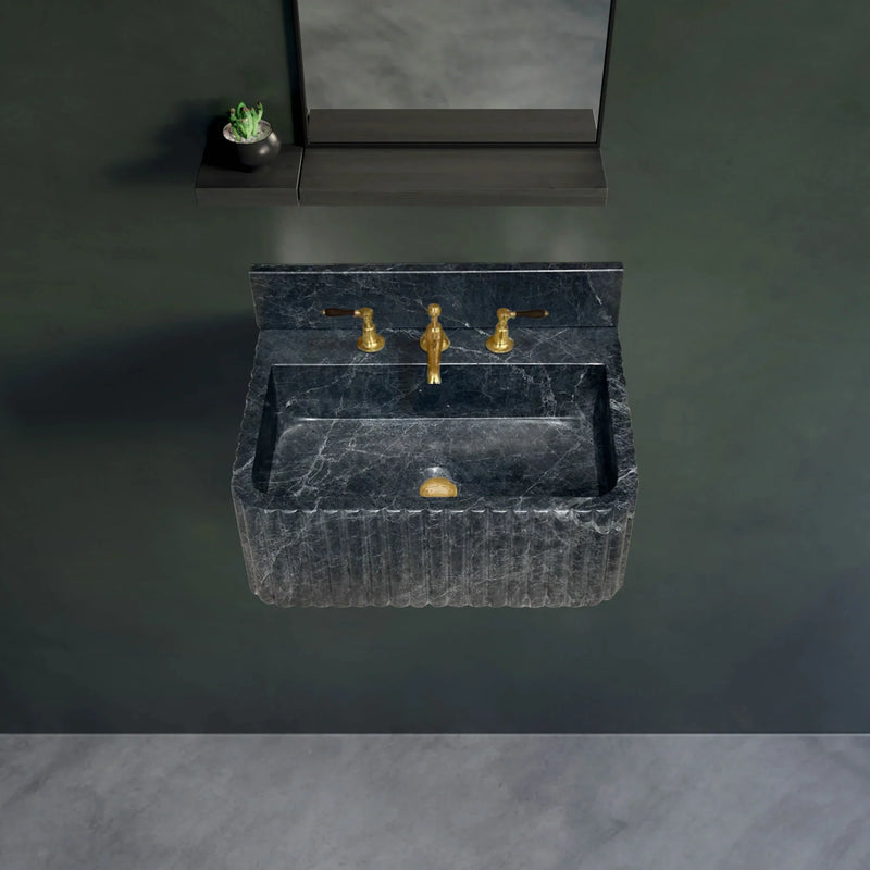 Sirius Black Marble Wall-mount Bathroom Sink Ribbed with 4" Backsplash by GobekDesign