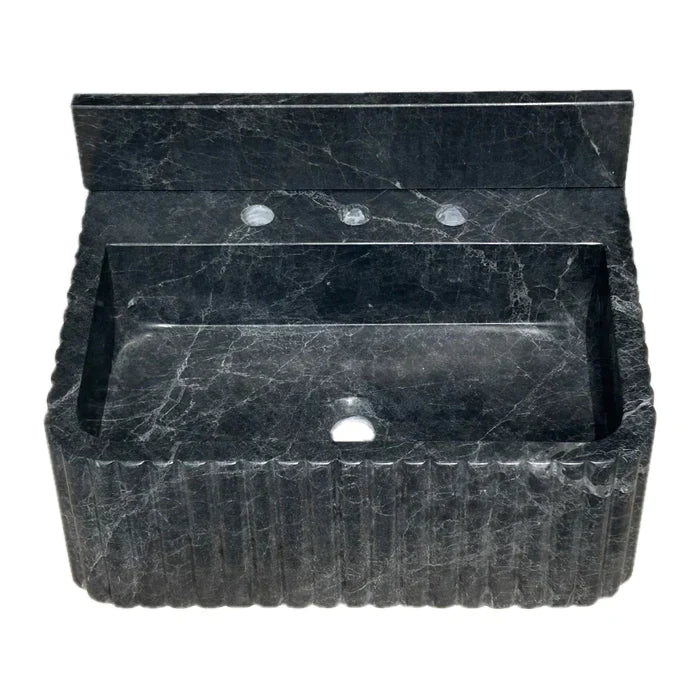 Sirius Black Marble Wall-mount Bathroom Sink Ribbed with 4" Backsplash by GobekDesign