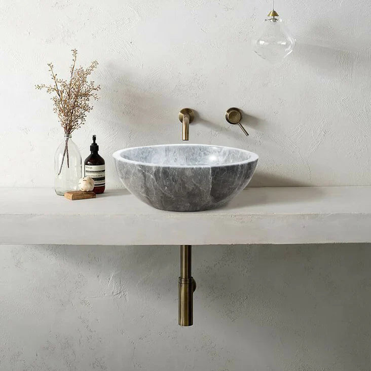 Gray Marble Polished Vessel Sink Above Counter Bathroom 15x6 by GobekDesign