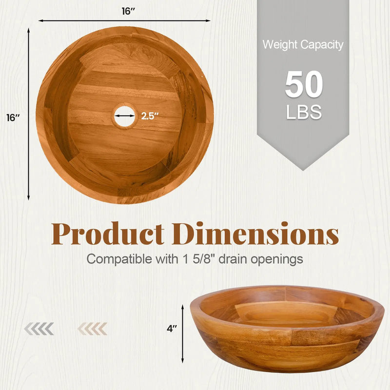 16 Inch Teak Wood Washbasin with Drainage Hole and Rounded Corners by DirectDeals
