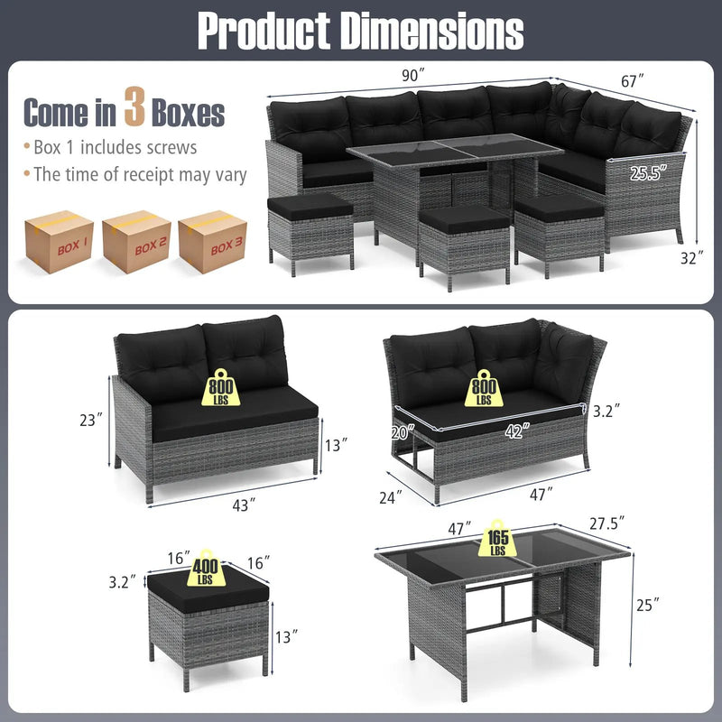 7 Pieces Patio Dining Furniture Set with Soft Cushions and Ottomans by DirectDeals