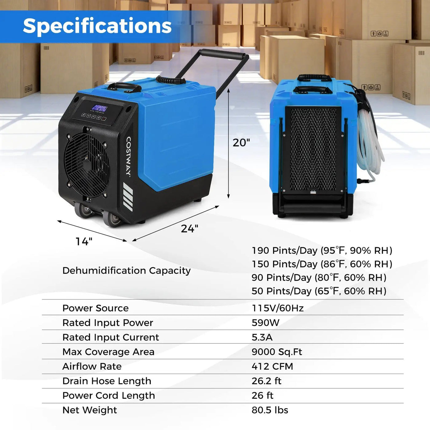 190 PPD Commercial Dehumidifier with Pump and 2 Wheels by DirectDeals