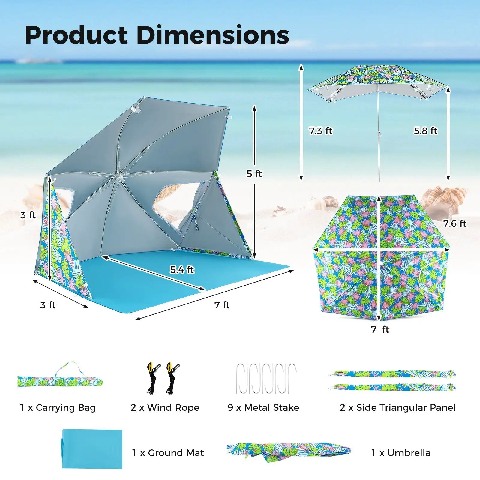 UPF50+ Sun Protection Beach Umbrella Tent with Portable Carrying Bag-Blue by DirectDeals