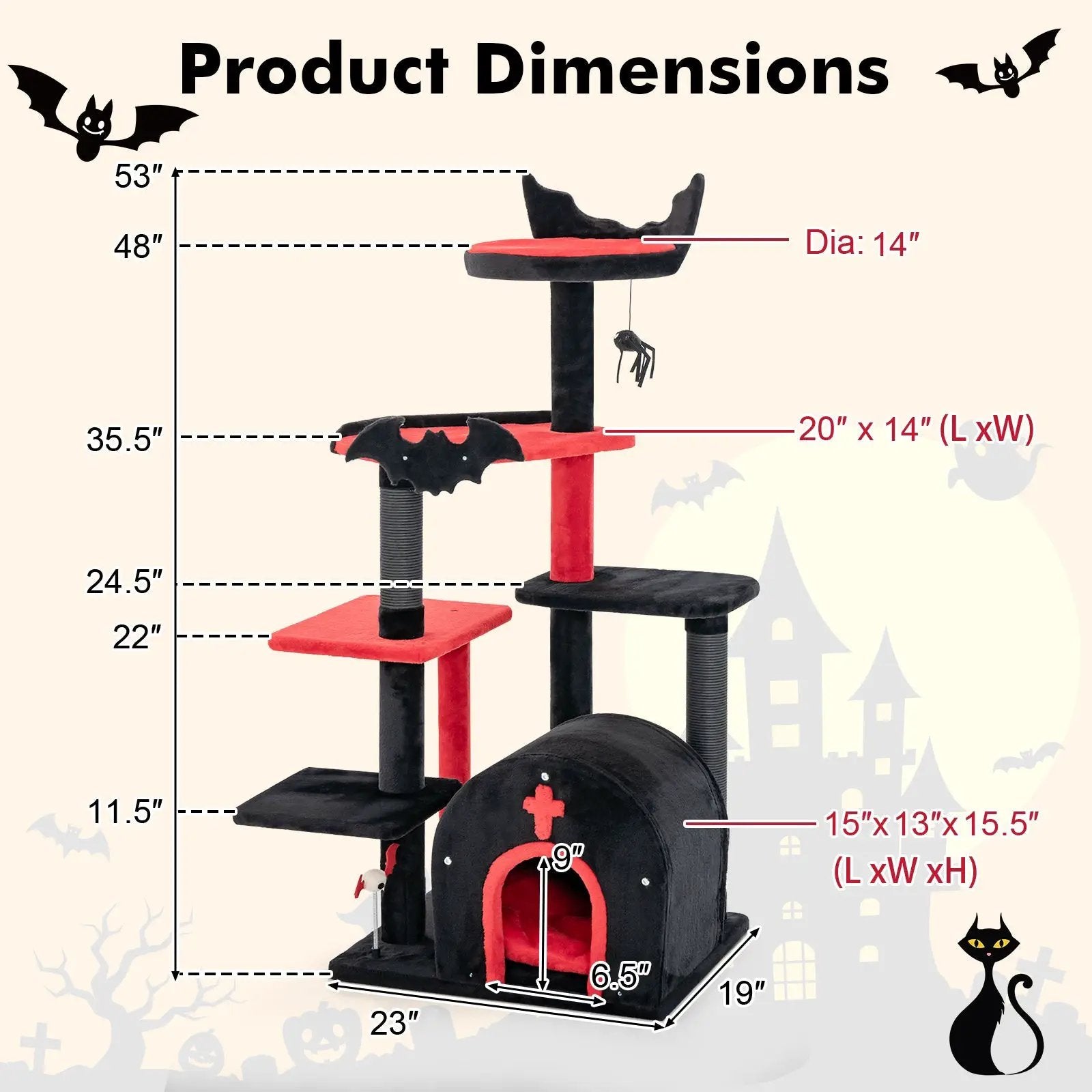 Gothic Cat Tree 53 Inch Tall Cat Tower with Cat Bed and Arch-Shaped Condo-Black by DirectDeals