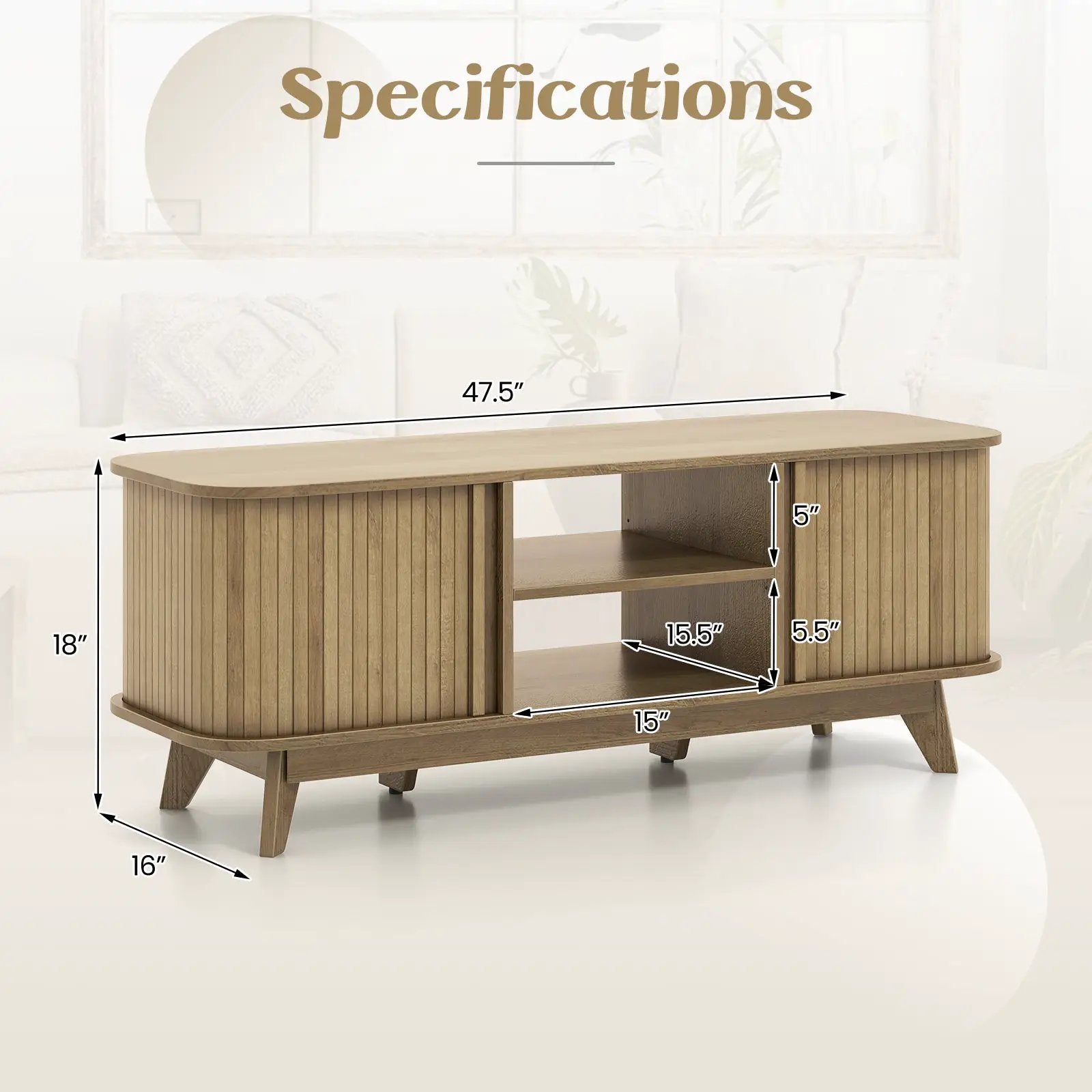 TV Stand for 55-Inch TV Media Console Table with Dual Sliding Doors-Oak by DirectDeals