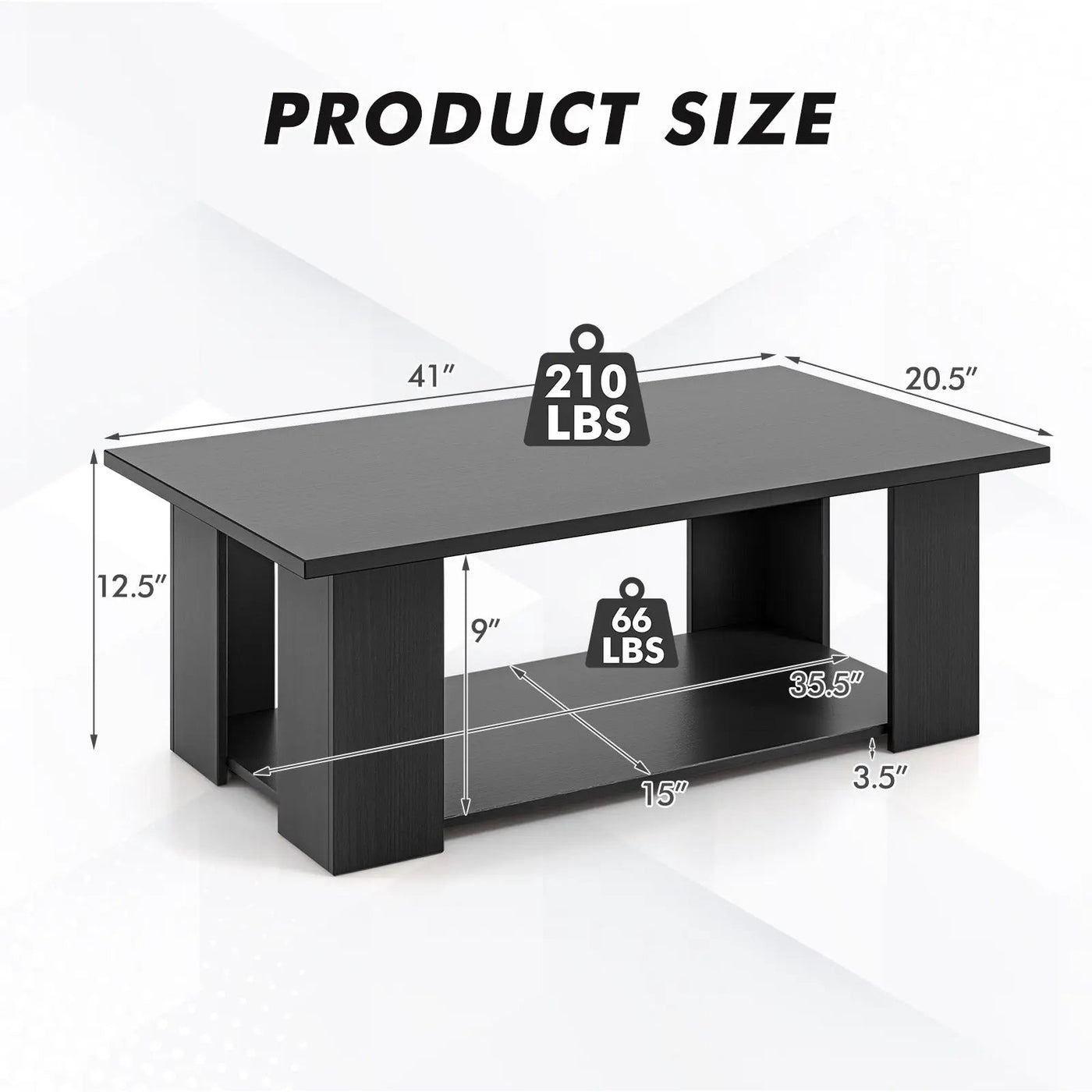 Large 36/41 Inch 2-tier Wooden Modern Coffee Table with Storage Shelf-Black by DirectDeals