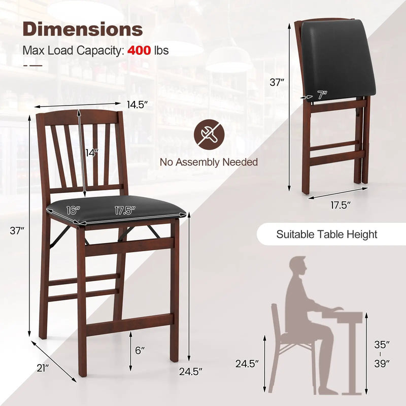 Set of 2 Counter Height Chairs Folding Kitchen Island Stool with Padded Seat-Brown by DirectDeals