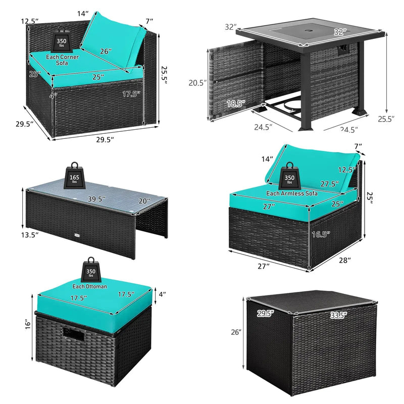 9 Pieces Patio Furniture Set with 32‚Äù Fire Pit Table and 50000 BTU Square Propane Fire Pit by DirectDeals