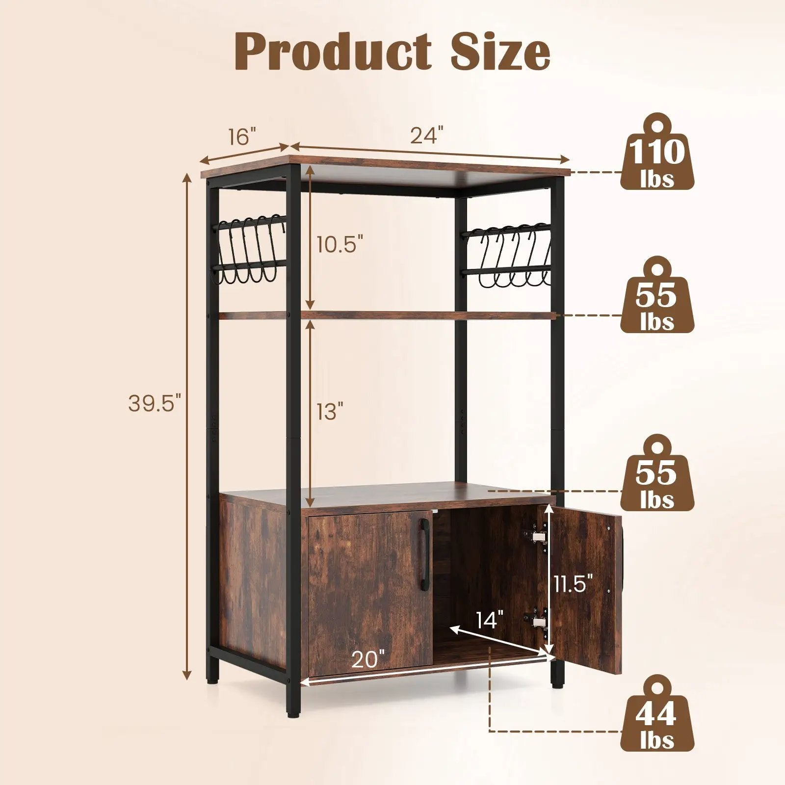 3-Tier Kitchen Baker’s Rack with Cabinet and 2 Open Shelves-Brown by DirectDeals