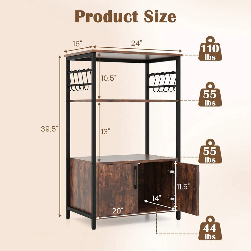3-Tier Kitchen Baker’s Rack with Cabinet and 2 Open Shelves-Brown by DirectDeals