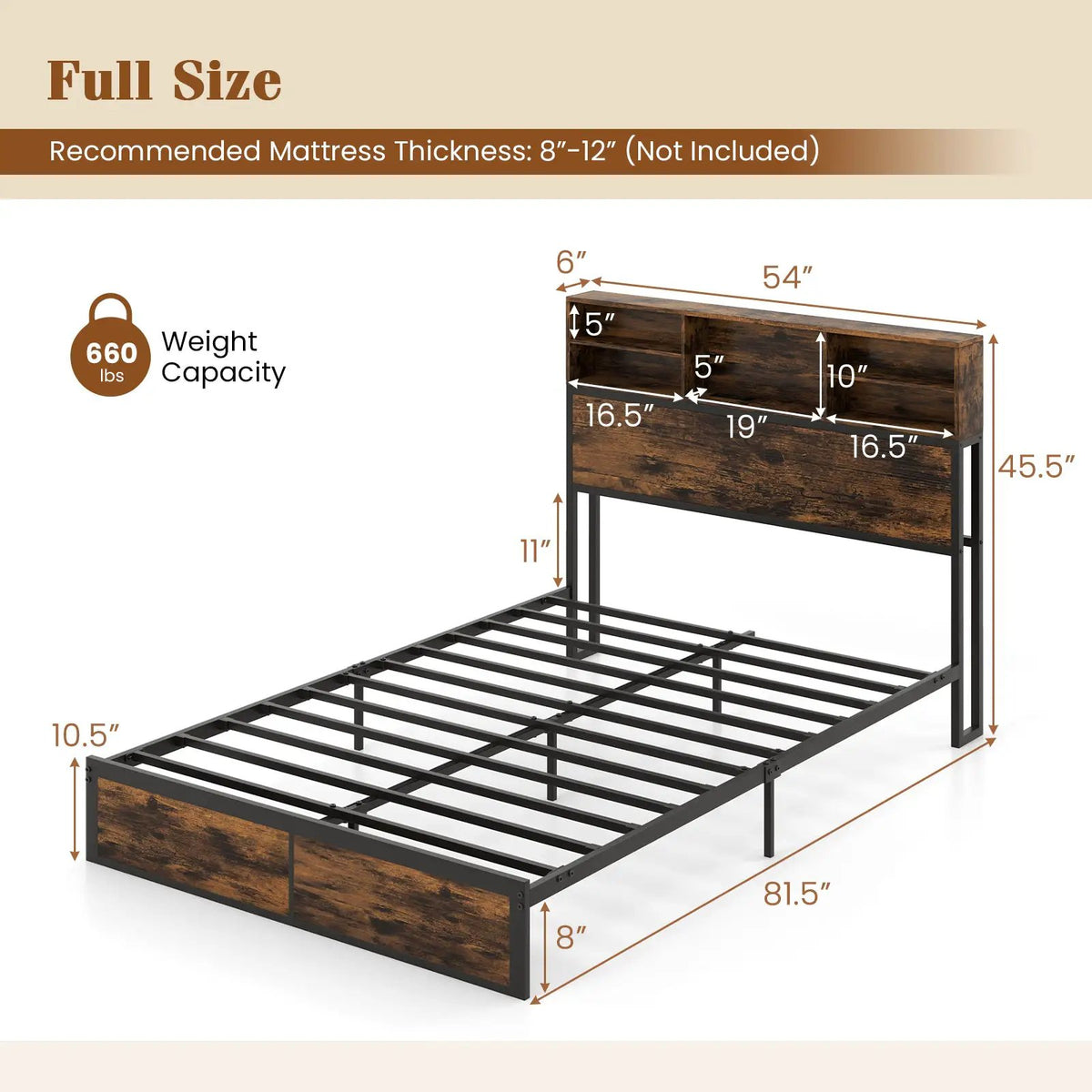 Twin/Full/Queen/King Size Bed Frame with Storage Headboard Industrial Metal Platform Bed by DirectDeals