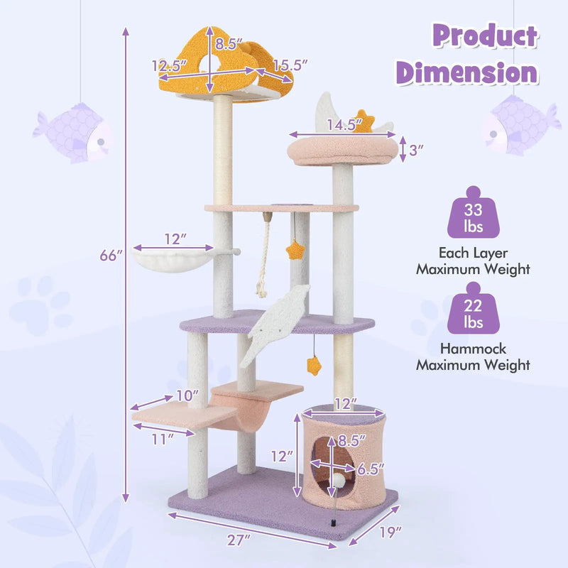 66 Inch Cute Cat Tree Cats Multi-level Tall Cat Tower with Sisal Covered Scratching Posts-Purple by DirectDeals