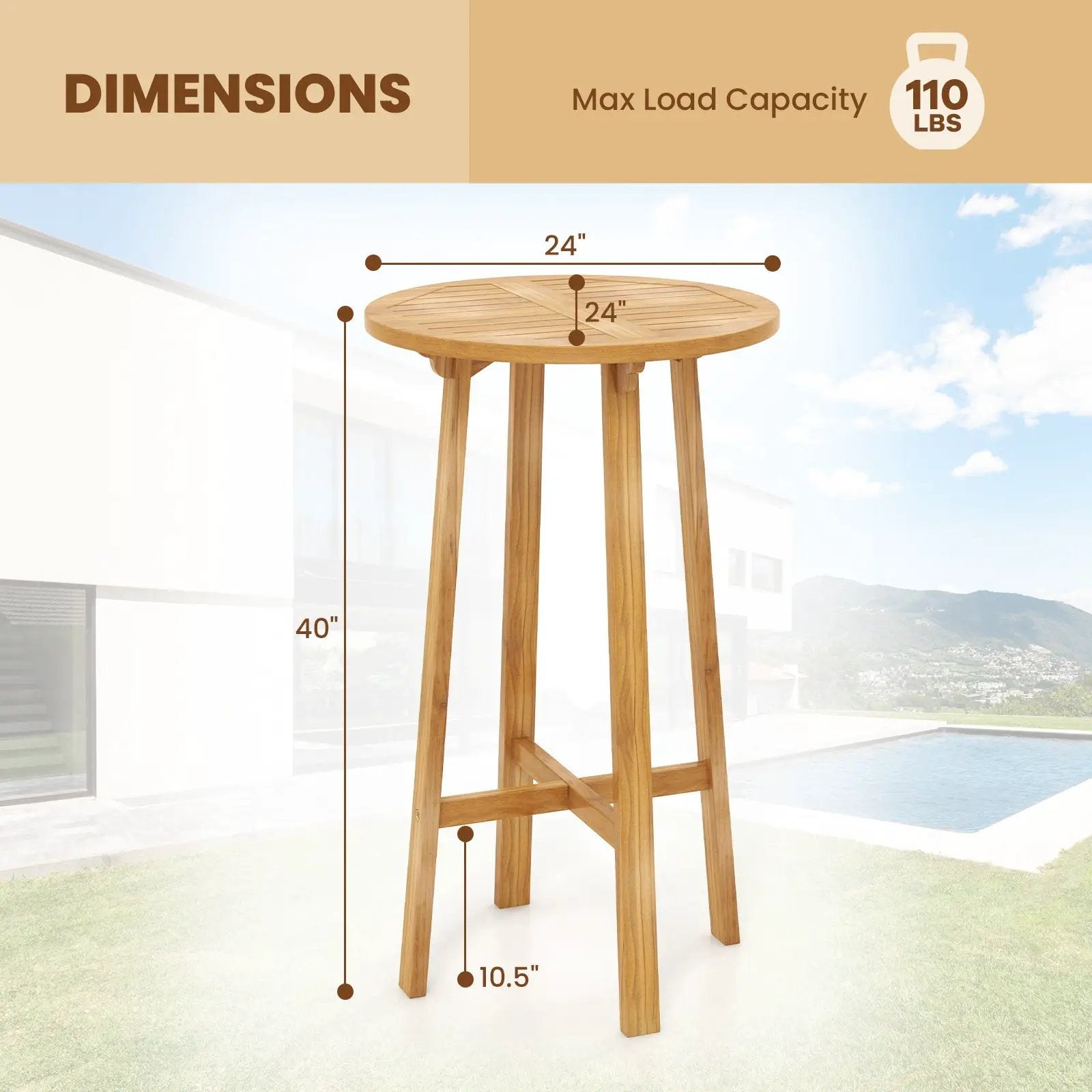 24 Inch Teak Wood Round Bar Table with Footrest for Indoors Outdoors by DirectDeals