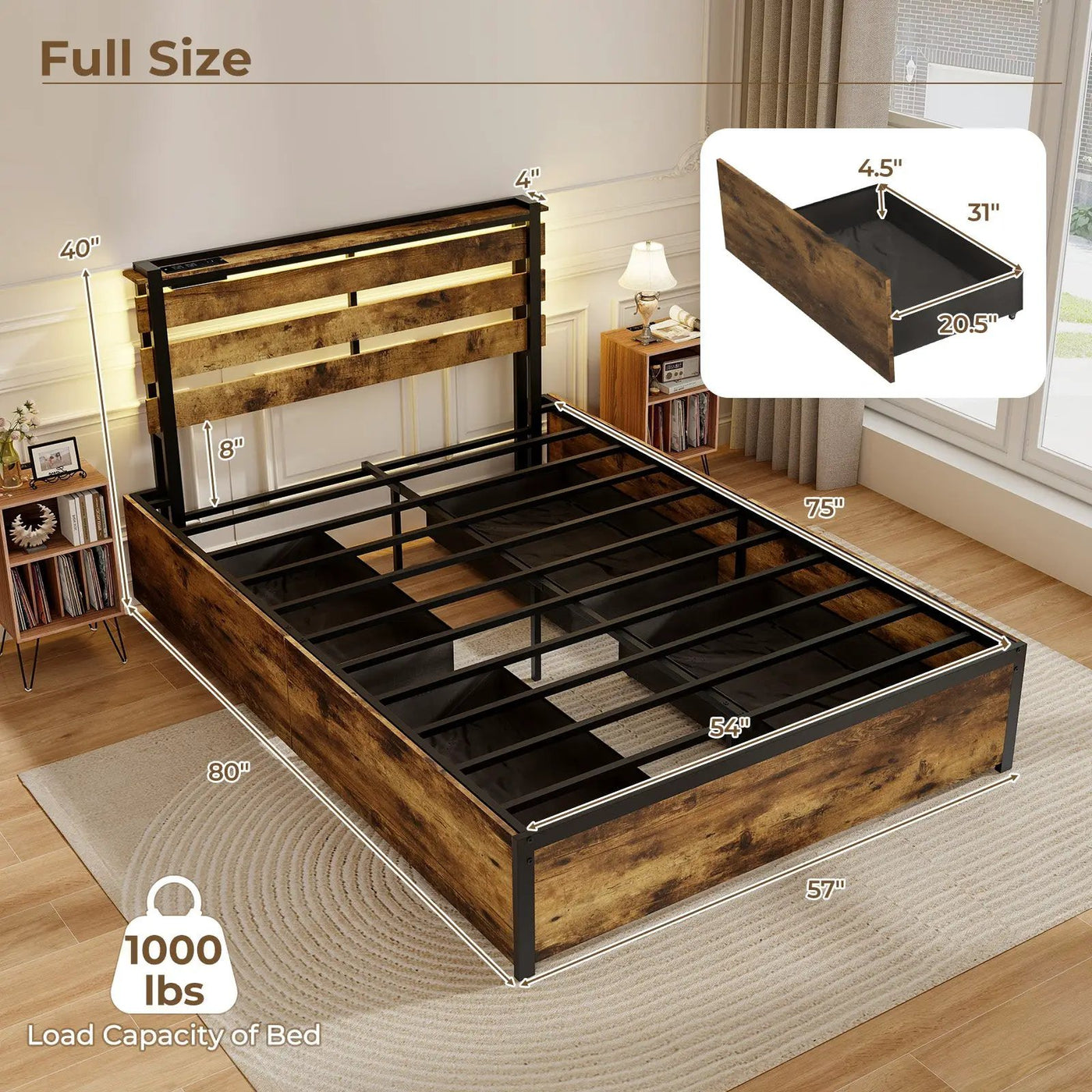 Full/Queen/Twin Size Bed Frame with Drawers LED Lights and USB Ports by DirectDeals