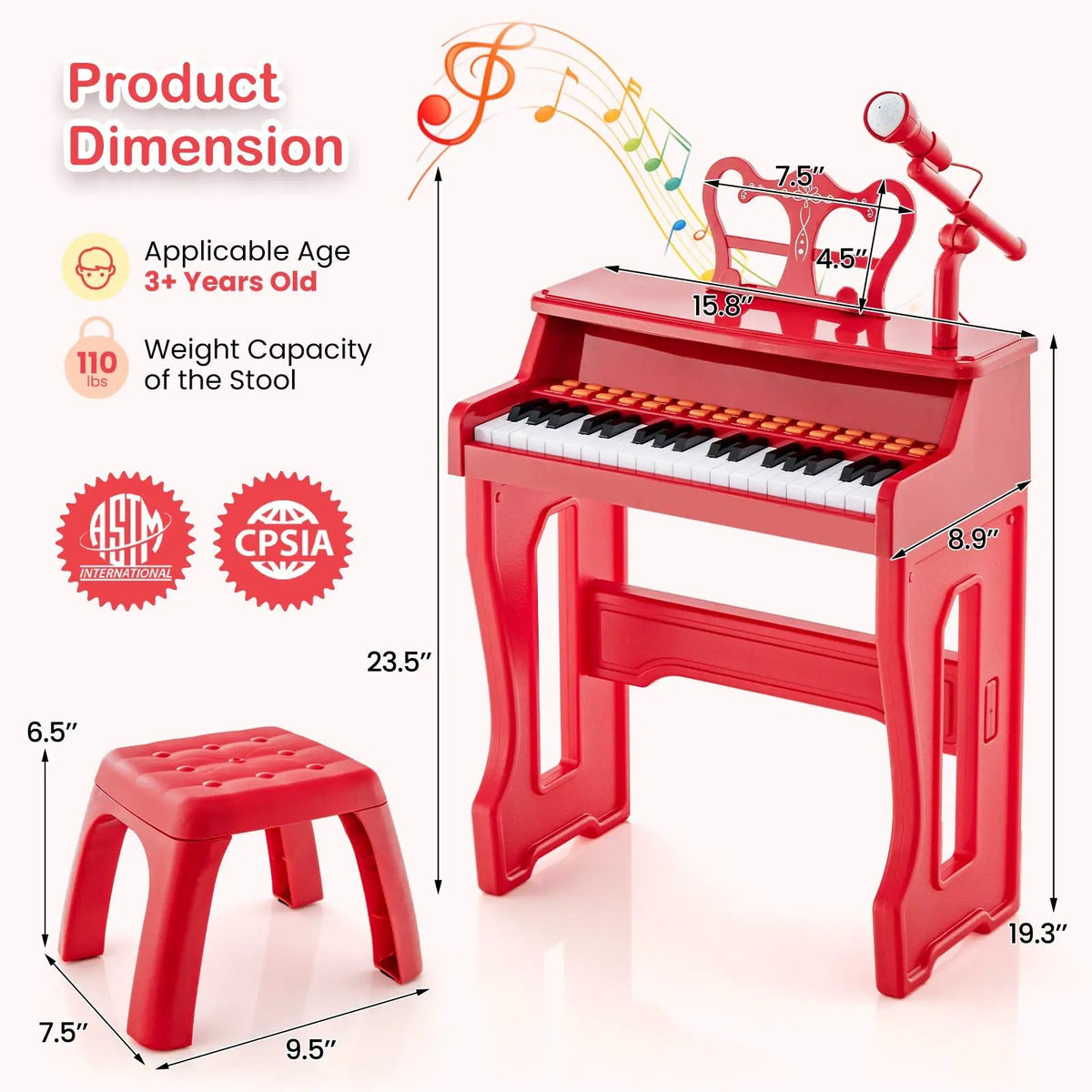 37 Keys Music Piano with Microphone Kids Piano Keyboard with Detachable Music Stand by DirectDeals