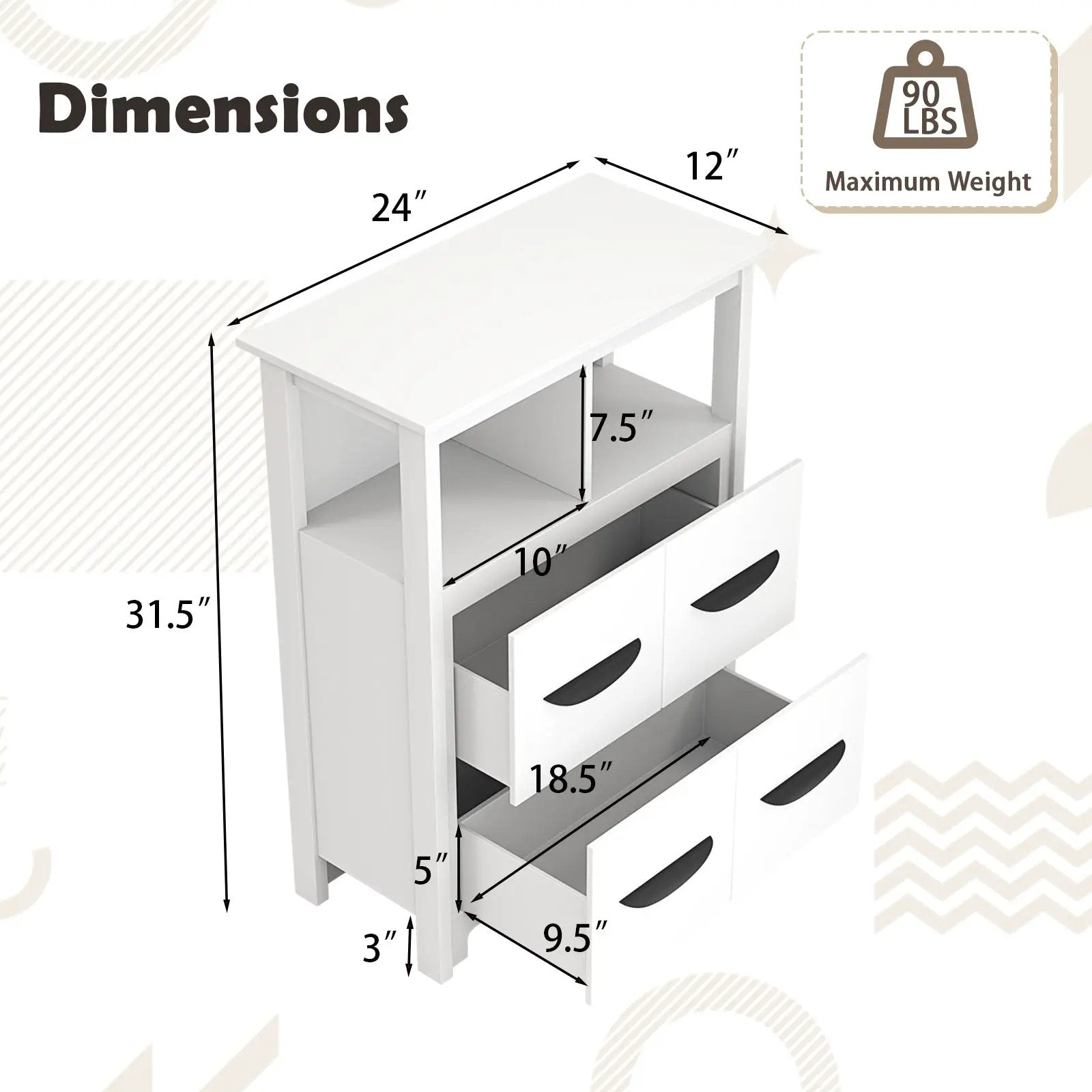 24 Inch Floor Cabinet with 2 Open Compartments and 2 Drawers-White by DirectDeals