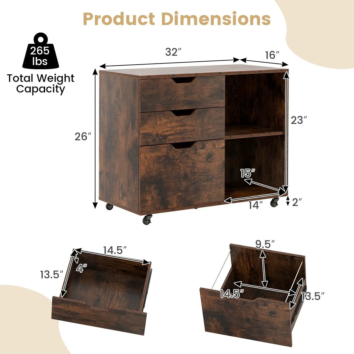 3-Drawer File Cabinet with Adjustable Shelf and Wheels for Letter by DirectDeals