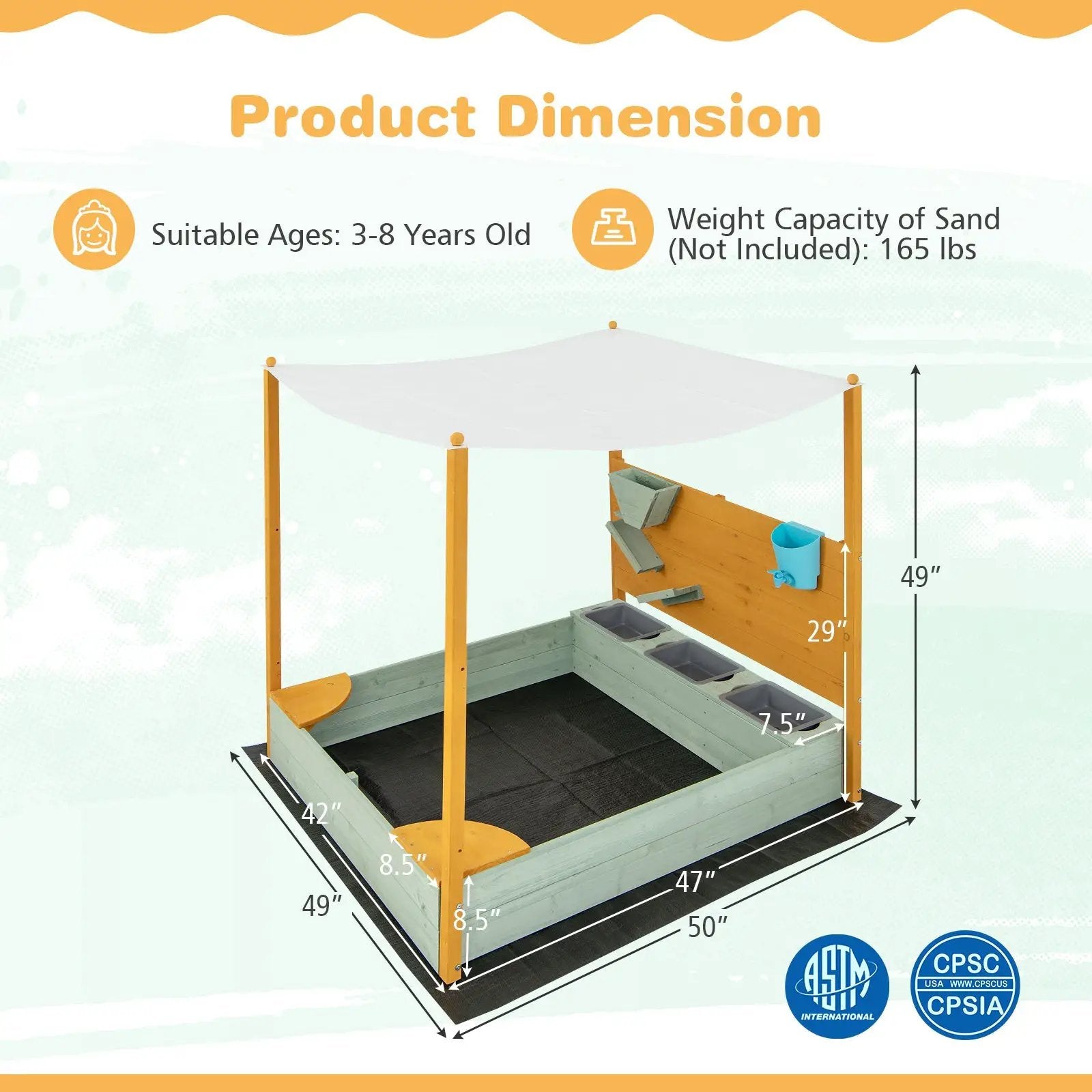 Kids Sandbox with Sand Wall w/ Removable Canopy for Kids 3-8 Years Old by DirectDeals