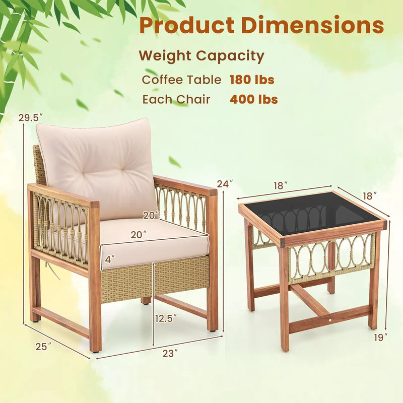3 Pieces Patio Furniture Set with Acacia Wood Frame Cushions-Brown by DirectDeals