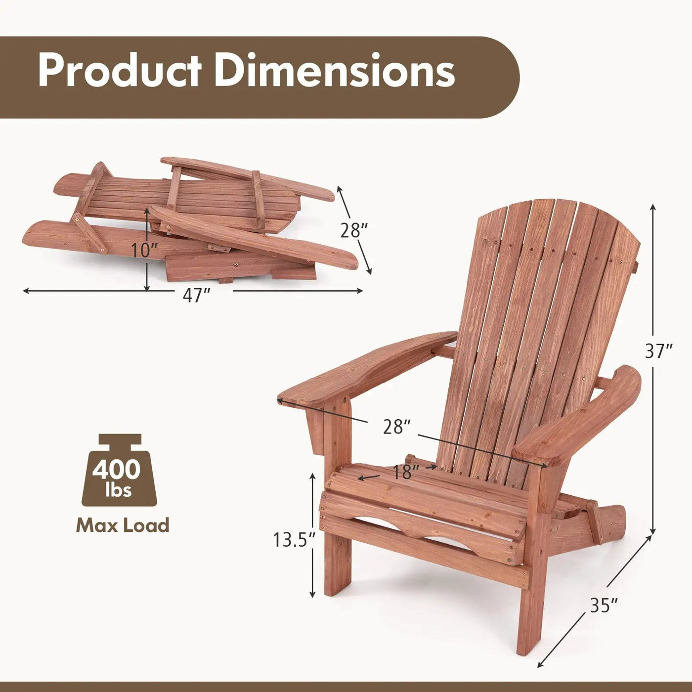 1 Piece Folding Adirondack Chair with High Backrest and Wide Armrests by DirectDeals