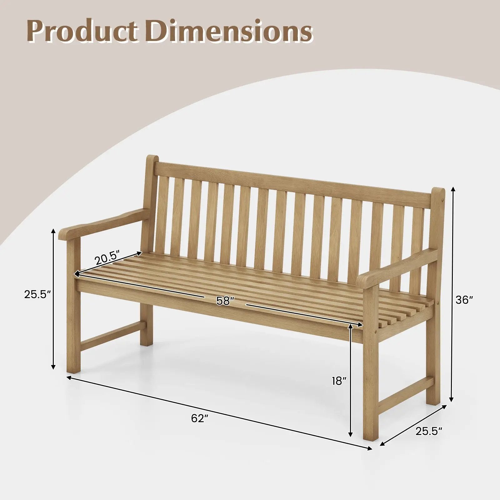 62 Inch Outdoor Teak Wood Bench with Backrest for Yard by DirectDeals