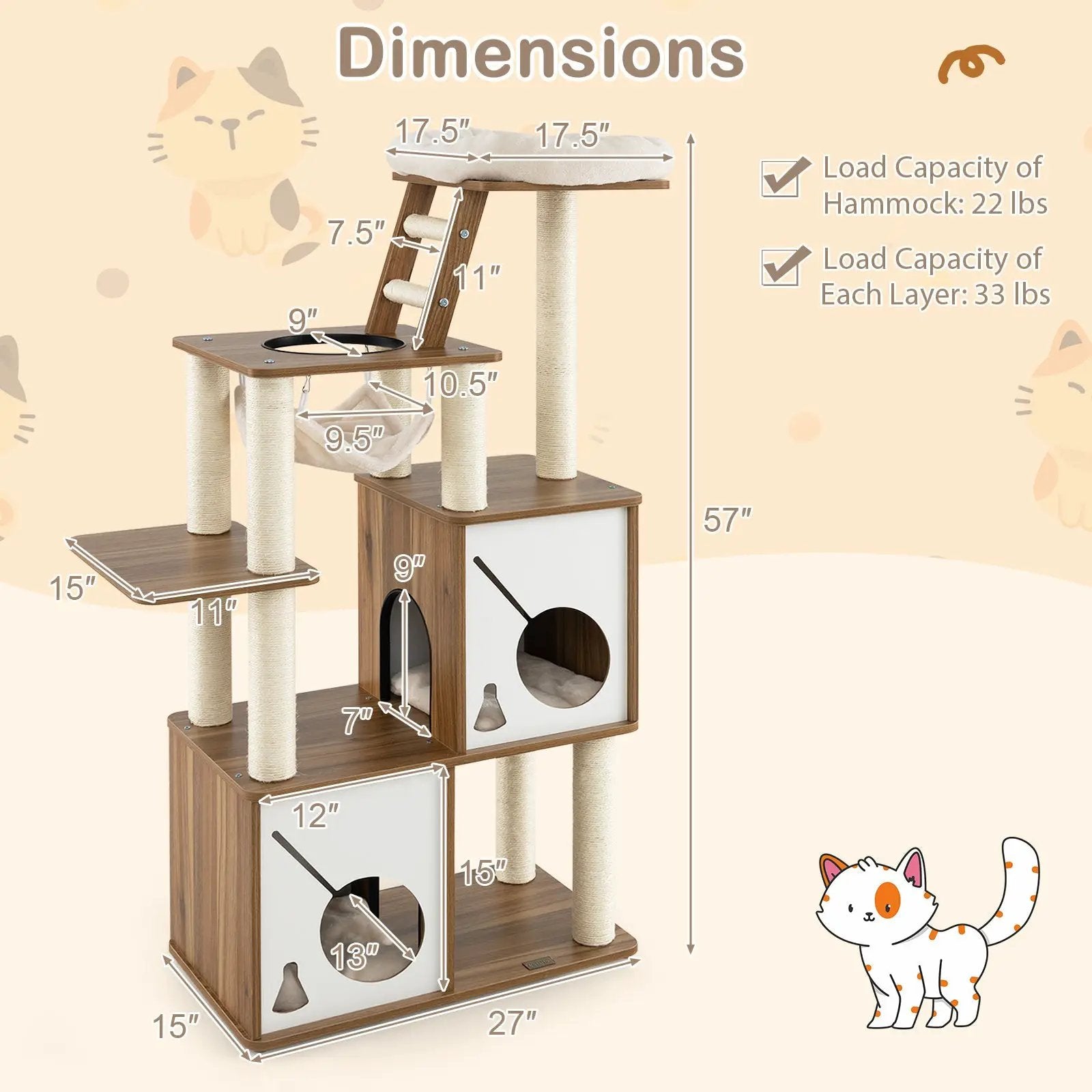 57 Inch Cat Tree Tower Multi-Level Activity Center with Scratching Posts-Natural by DirectDeals
