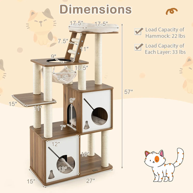 57 Inch Cat Tree Tower Multi-Level Activity Center with Scratching Posts-Natural by DirectDeals