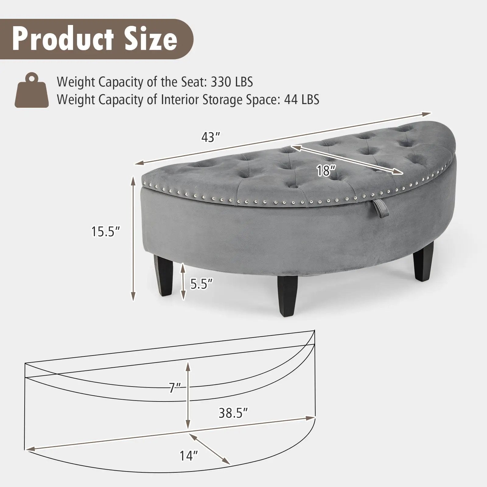 Half Moon Storage Bench with Rubber Wood Legs-Gray by DirectDeals