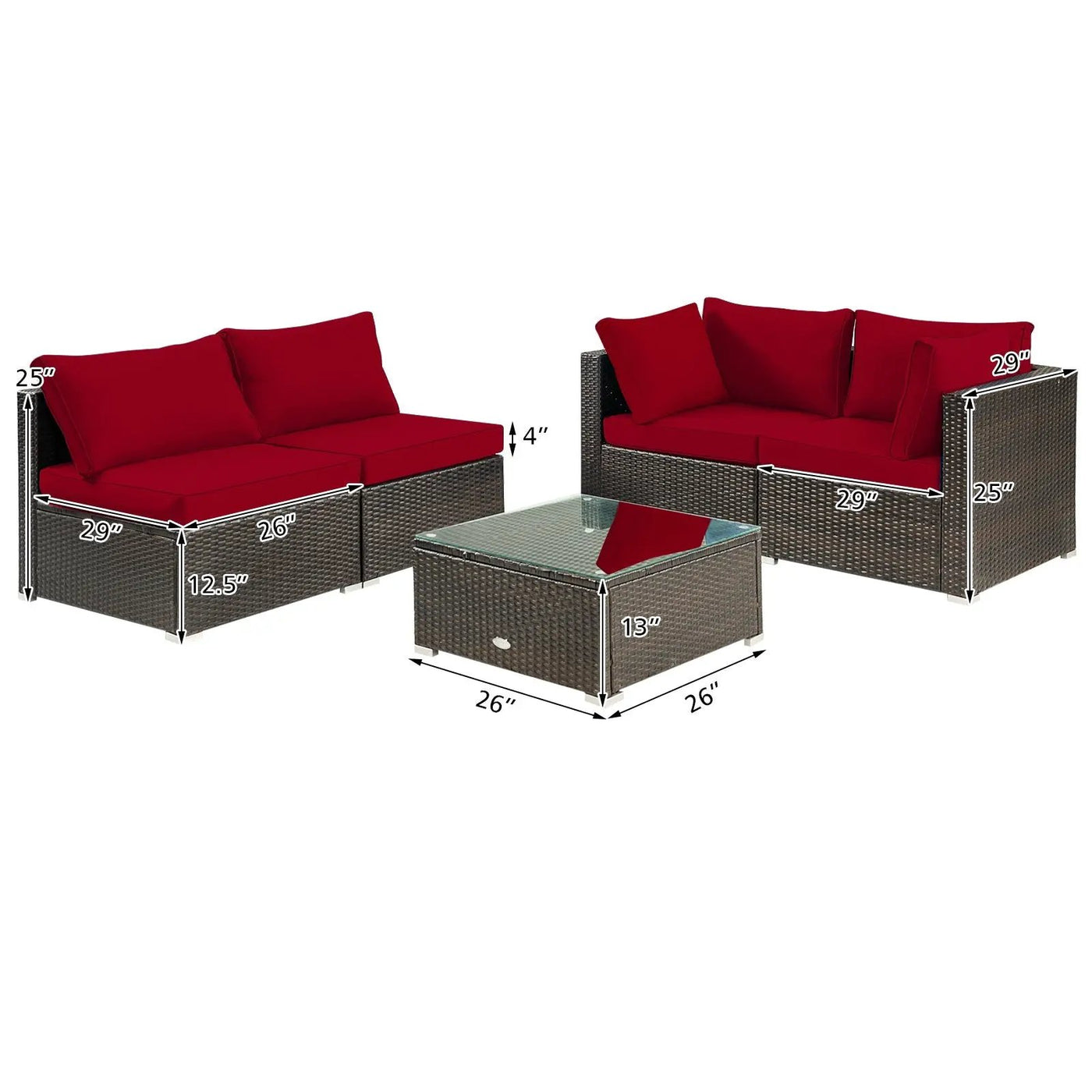 5 Pieces Cushioned Patio Rattan Furniture Set with Glass Table by DirectDeals