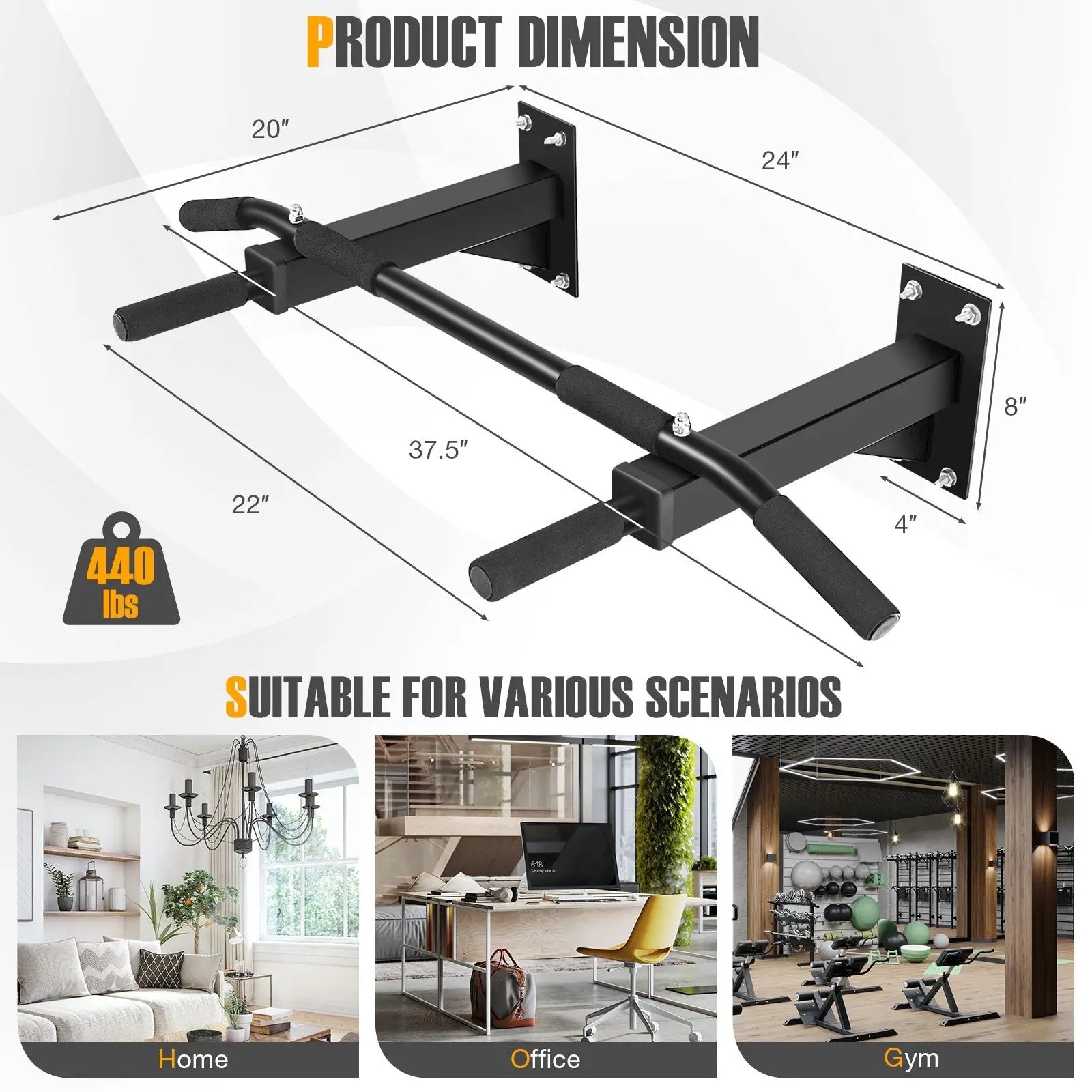 Wall Mounted Multi-Grip Pull Up Bar with Foam Handgrips by DirectDeals