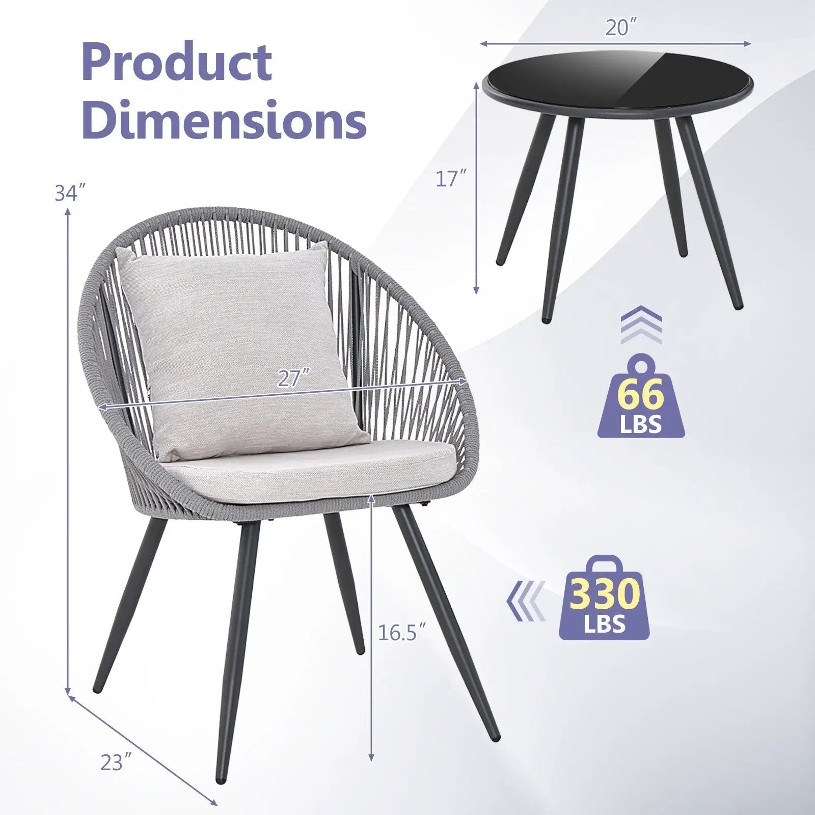 3 Piece Patio Furniture Set with Seat and Back Cushions-Gray by DirectDeals